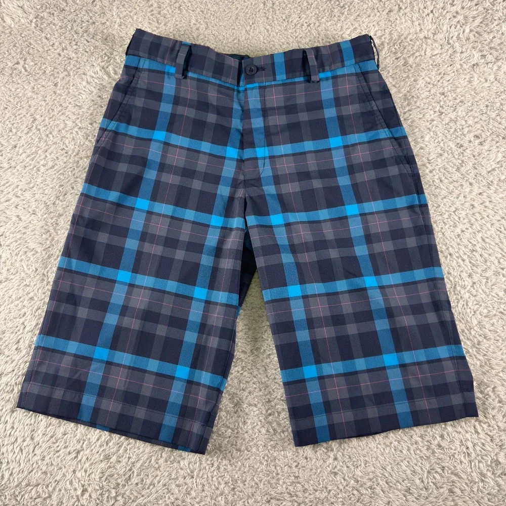 Nike Golf Mens Dri-FIT Plaid Shorts Blue Grey Size 28 Performance